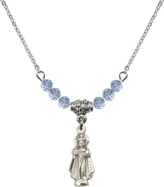 18" Rhodium Plated Necklace with 4mm Light Sapphire Crystal Beads featuring a Sterling Silver Infant of Prague Medal.