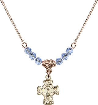 18" Hamilton Gold Plated Necklace with 4mm Light Sapphire Crystal Beads featuring a 14kt Gold Filled 5-Way / Chalice Medal.