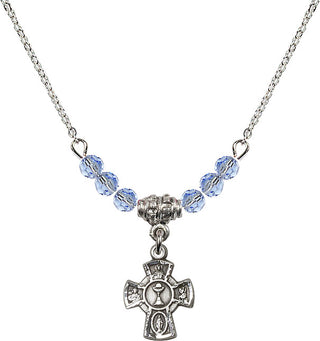 18" Rhodium Plated Necklace with 4mm Light Sapphire Crystal Beads featuring a Sterling Silver 5-Way / Chalice Medal.