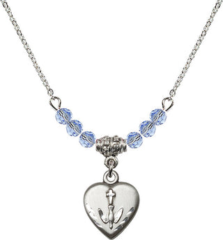 18" Rhodium Plated Necklace with 4mm Light Sapphire Crystal Beads featuring a Sterling Silver Heart / Confirmation Medal.