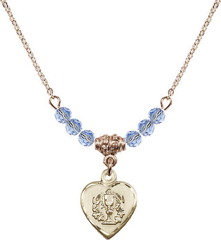 18" Hamilton Gold Plated Necklace with 4mm Light Sapphire Crystal Beads featuring a 14kt Gold Filled Heart / Communion Medal.