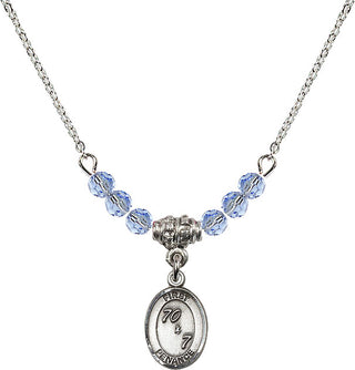 18" Rhodium Plated Necklace with 4mm Light Sapphire Crystal Beads featuring a Sterling Silver First Penance Medal.