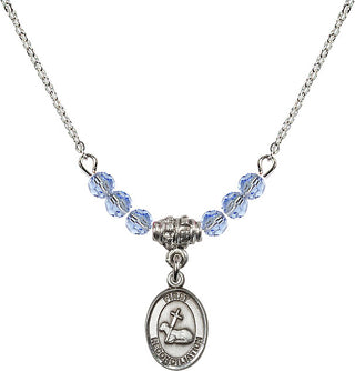 18" Rhodium Plated Necklace with 4mm Light Sapphire Crystal Beads featuring a Sterling Silver First Reconciliation Medal.