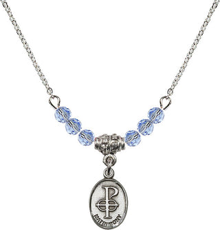 18" Rhodium Plated Necklace with 4mm Light Sapphire Crystal Beads featuring a Sterling Silver Matrimony Medal.