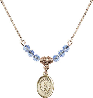 18" Hamilton Gold Plated Necklace with 4mm Light Sapphire Crystal Beads featuring a 14kt Gold Filled Confirmation Medal.