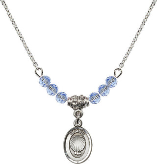 18" Rhodium Plated Necklace with 4mm Light Sapphire Crystal Beads featuring a Sterling Silver Baptism Medal.