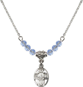 18" Rhodium Plated Necklace with 4mm Light Sapphire Crystal Beads featuring a Sterling Silver 5-Way / Chalice Medal.
