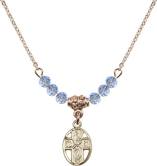 18" Hamilton Gold Plated Necklace with 4mm Light Sapphire Crystal Beads featuring a 14kt Gold Filled 5-Way Medal.