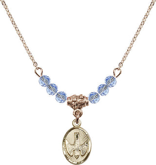 18" Hamilton Gold Plated Necklace with 4mm Light Sapphire Crystal Beads featuring a 14kt Gold Filled Holy Spirit Medal.