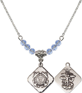 18" Rhodium Plated Necklace with 4mm Light Sapphire Crystal Beads featuring a Sterling Silver Coast Guard Diamond Medal.