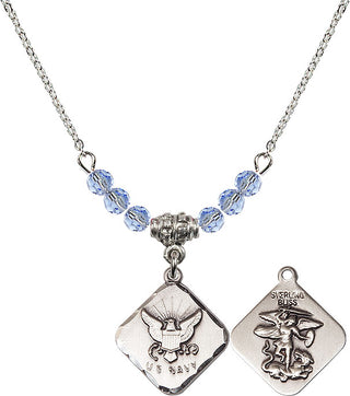 18" Rhodium Plated Necklace with 4mm Light Sapphire Crystal Beads featuring a Sterling Silver Navy Diamond Medal.