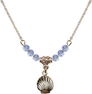 18" Hamilton Gold Plated Necklace with 4mm Light Sapphire Crystal Beads featuring a 14kt Gold Filled Shell Medal.