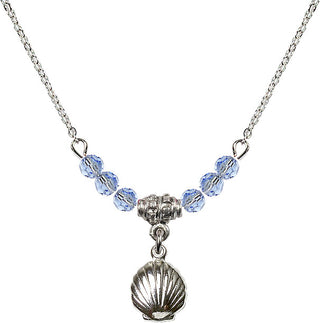 18" Rhodium Plated Necklace with 4mm Light Sapphire Crystal Beads featuring a Sterling Silver Shell Medal.