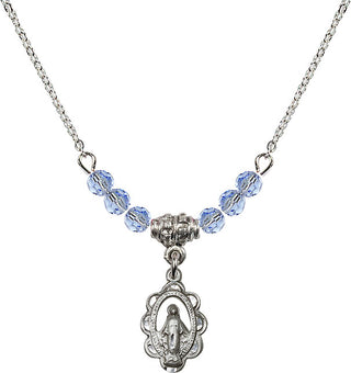 18" Rhodium Plated Necklace with 4mm Light Sapphire Crystal Beads featuring a Sterling Silver Miraculous Medal.
