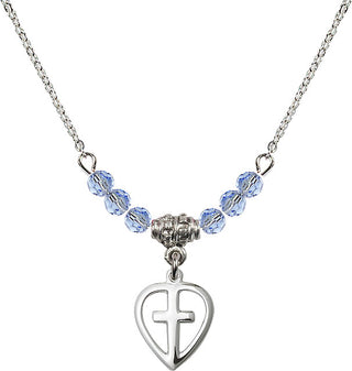 18" Rhodium Plated Necklace with 4mm Light Sapphire Crystal Beads featuring a Sterling Silver Heart / Cross Medal.