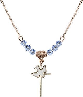 18" Hamilton Gold Plated Necklace with 4mm Light Sapphire Crystal Beads featuring a 14kt Gold Filled Cross / Holy Spirit Medal.