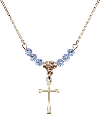 18" Hamilton Gold Plated Necklace with 4mm Light Sapphire Crystal Beads featuring a 14kt Gold Filled Maltese Cross Medal.