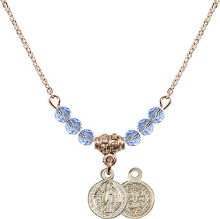 18" Hamilton Gold Plated Necklace with 4mm Light Sapphire Crystal Beads featuring a 14kt Gold Filled Saint Benedict Medal.