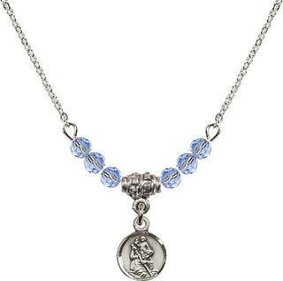 18" Rhodium Plated Necklace with 4mm Light Sapphire Crystal Beads featuring a Sterling Silver Saint Christopher Medal.