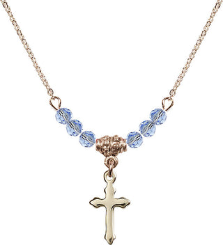 18" Hamilton Gold Plated Necklace with 4mm Light Sapphire Crystal Beads featuring a 14kt Gold Filled Cross Medal.