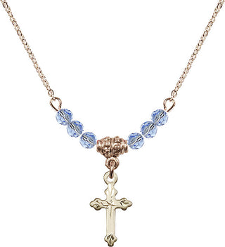 18" Hamilton Gold Plated Necklace with 4mm Light Sapphire Crystal Beads featuring a 14kt Gold Filled Cross Medal.