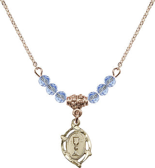 18" Hamilton Gold Plated Necklace with 4mm Light Sapphire Crystal Beads featuring a 14kt Gold Filled Communion Medal.
