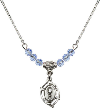 18" Rhodium Plated Necklace with 4mm Light Sapphire Crystal Beads featuring a Sterling Silver Communion Medal.