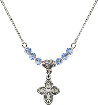 18" Rhodium Plated Necklace with 4mm Light Sapphire Crystal Beads featuring a Sterling Silver 4-Way Medal.