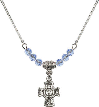 18" Rhodium Plated Necklace with 4mm Light Sapphire Crystal Beads featuring a Sterling Silver 5-Way Medal.
