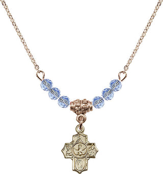 18" Hamilton Gold Plated Necklace with 4mm Light Sapphire Crystal Beads featuring a 14kt Gold Filled 5-Way Medal.