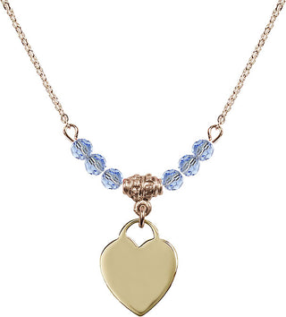 18" Hamilton Gold Plated Necklace with 4mm Light Sapphire Crystal Beads featuring a 14kt Gold Filled Heart Medal. Engraved Catholic Saint Jewelry