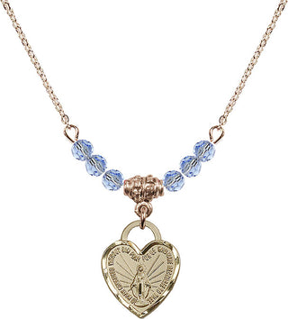 18" Hamilton Gold Plated Necklace with 4mm Light Sapphire Crystal Beads featuring a 14kt Gold Filled Miraculous Heart Medal. Engraved Catholic Saint Jewelry