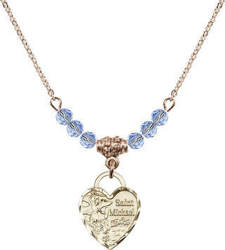 18" Hamilton Gold Plated Necklace with 4mm Light Sapphire Crystal Beads featuring a 14kt Gold Filled Saint Michael Heart Medal. Engraved Catholic Saint Jewelry