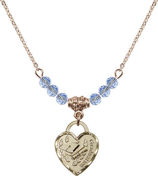 18" Hamilton Gold Plated Necklace with 4mm Light Sapphire Crystal Beads featuring a 14kt Gold Filled Graduation Heart Medal. Engraved Catholic Saint Jewelry
