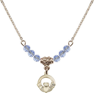 18" Hamilton Gold Plated Necklace with 4mm Light Sapphire Crystal Beads featuring a 14kt Gold Filled Claddagh Medal.