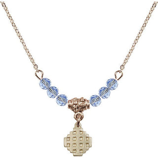 18" Hamilton Gold Plated Necklace with 4mm Light Sapphire Crystal Beads featuring a 14kt Gold Filled Jerusalem Cross Medal.