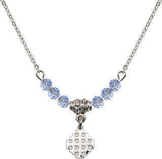 18" Rhodium Plated Necklace with 4mm Light Sapphire Crystal Beads featuring a Sterling Silver Jerusalem Cross Medal.