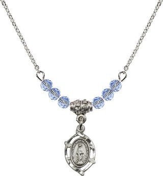 18" Rhodium Plated Necklace with 4mm Light Sapphire Crystal Beads featuring a Sterling Silver Miraculous Medal.