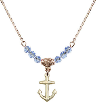 18" Hamilton Gold Plated Necklace with 4mm Light Sapphire Crystal Beads featuring a 14kt Gold Filled Anchor Medal.