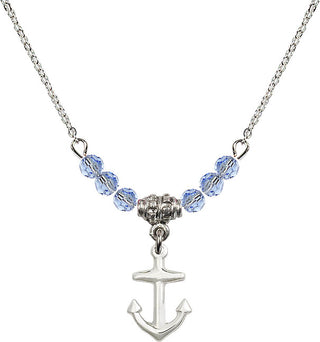 18" Rhodium Plated Necklace with 4mm Light Sapphire Crystal Beads featuring a Sterling Silver Anchor Medal.