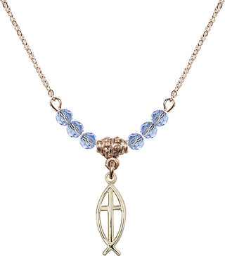 18" Hamilton Gold Plated Necklace with 4mm Light Sapphire Crystal Beads featuring a 14kt Gold Filled Fish / Cross Medal.