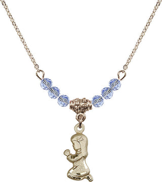 18" Hamilton Gold Plated Necklace with 4mm Light Sapphire Crystal Beads featuring a 14kt Gold Filled Praying Girl Medal.