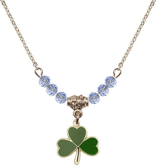 18" Hamilton Gold Plated Necklace with 4mm Light Sapphire Crystal Beads featuring a 14kt Gold Filled Shamrock Medal.