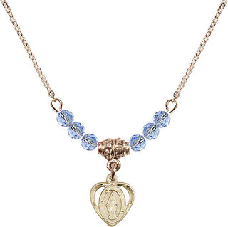 18" Hamilton Gold Plated Necklace with 4mm Light Sapphire Crystal Beads featuring a 14kt Gold Filled Miraculous Medal.