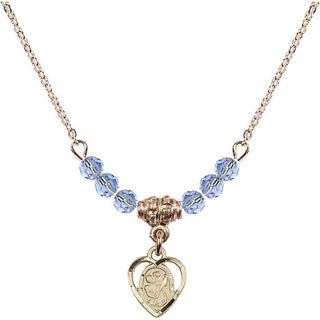 18" Hamilton Gold Plated Necklace with 4mm Light Sapphire Crystal Beads featuring a 14kt Gold Filled Saint Christopher Medal. Engraved Catholic Saint Jewelry