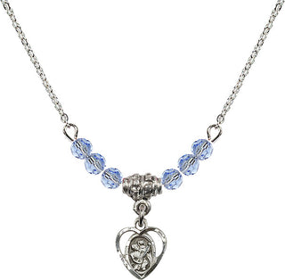 18" Rhodium Plated Necklace with 4mm Light Sapphire Crystal Beads featuring a Sterling Silver Saint Christopher Medal. Engraved Catholic Saint Jewelry
