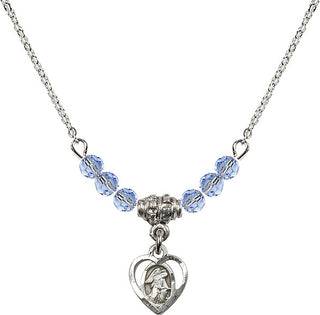 18" Rhodium Plated Necklace with 4mm Light Sapphire Crystal Beads featuring a Sterling Silver Guardian Angel Medal. Engraved Catholic Saint Jewelry