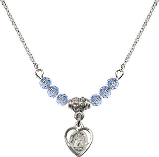 18" Rhodium Plated Necklace with 4mm Light Sapphire Crystal Beads featuring a Sterling Silver Infant Medal. Engraved Catholic Saint Jewelry