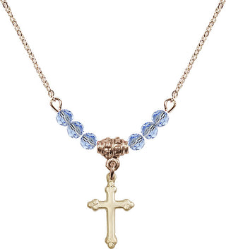 18" Hamilton Gold Plated Necklace with 4mm Light Sapphire Crystal Beads featuring a 14kt Gold Filled Cross Medal.