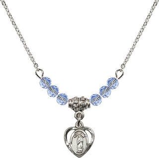 18" Rhodium Plated Necklace with 4mm Light Sapphire Crystal Beads featuring a Sterling Silver Our Lady of Guadalupe Medal.